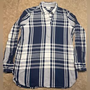 Liz Claiborne Blue Plaid Half Button Up Shirt Long Sleeve Collared Top MEDIUM M
